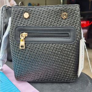 Jen & Co Black Woven Crossbody Bag with Gold Accents